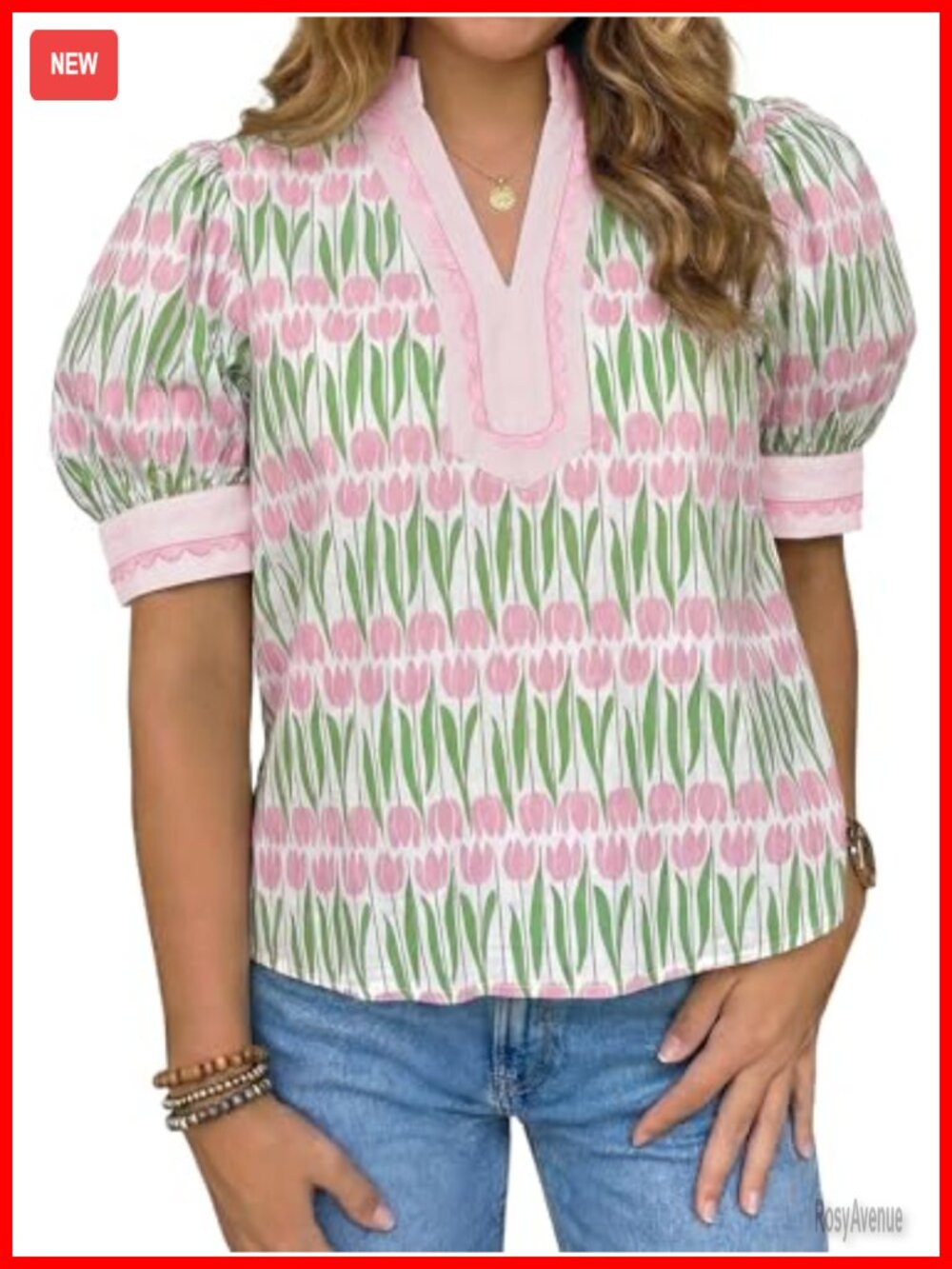 Puff Sleeve Floral Blouse V Neck Color Block Loose Fit Tee